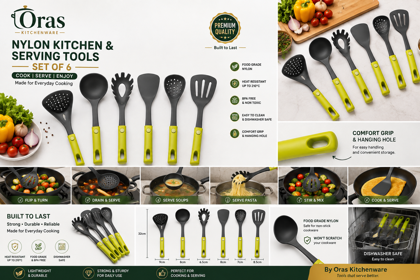 ORAS Kitchenware Nylon Kitchen Tools Set of 6 | Premium Food Grade Cooking & Serving Utensils | Heat Resistant up to 210°C | BPA Free, Non-Toxic, Non-Scratch | Dishwasher Safe | Comfortable Grip with Hanging Hole