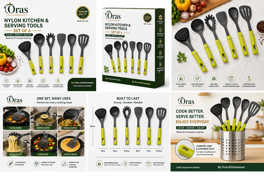 ORAS Kitchenware Nylon Kitchen Tools Set of 6 | Premium Food Grade Cooking & Serving Utensils | Heat Resistant up to 210°C | BPA Free, Non-Toxic, Non-Scratch | Dishwasher Safe | Comfortable Grip with Hanging Hole