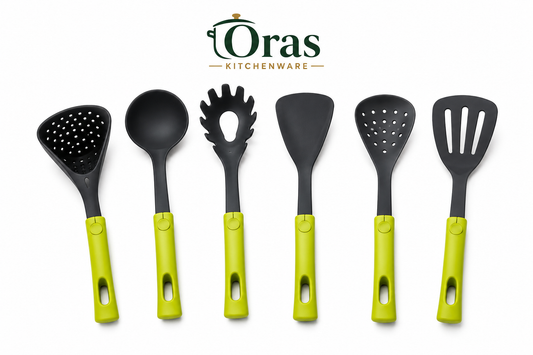 ORAS Kitchenware Nylon Kitchen Tools Set of 6 | Premium Food Grade Cooking & Serving Utensils | Heat Resistant up to 210°C | BPA Free, Non-Toxic, Non-Scratch | Dishwasher Safe | Comfortable Grip with Hanging Hole